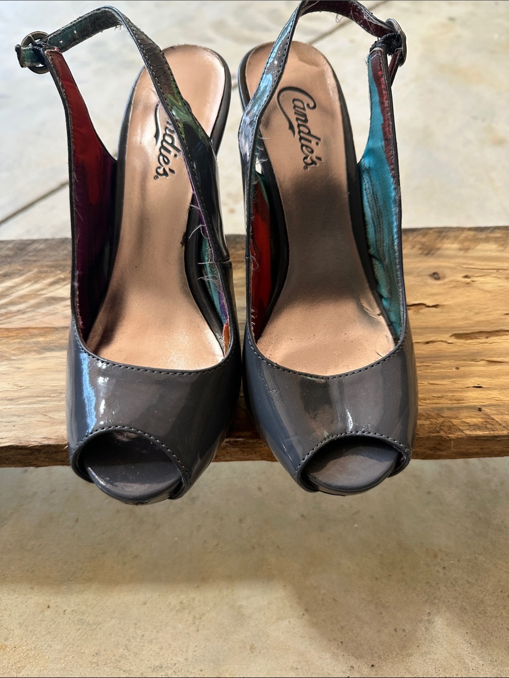 Candie's Gray Patent Peep-Toe Slingback Heels with Iridescent Strap